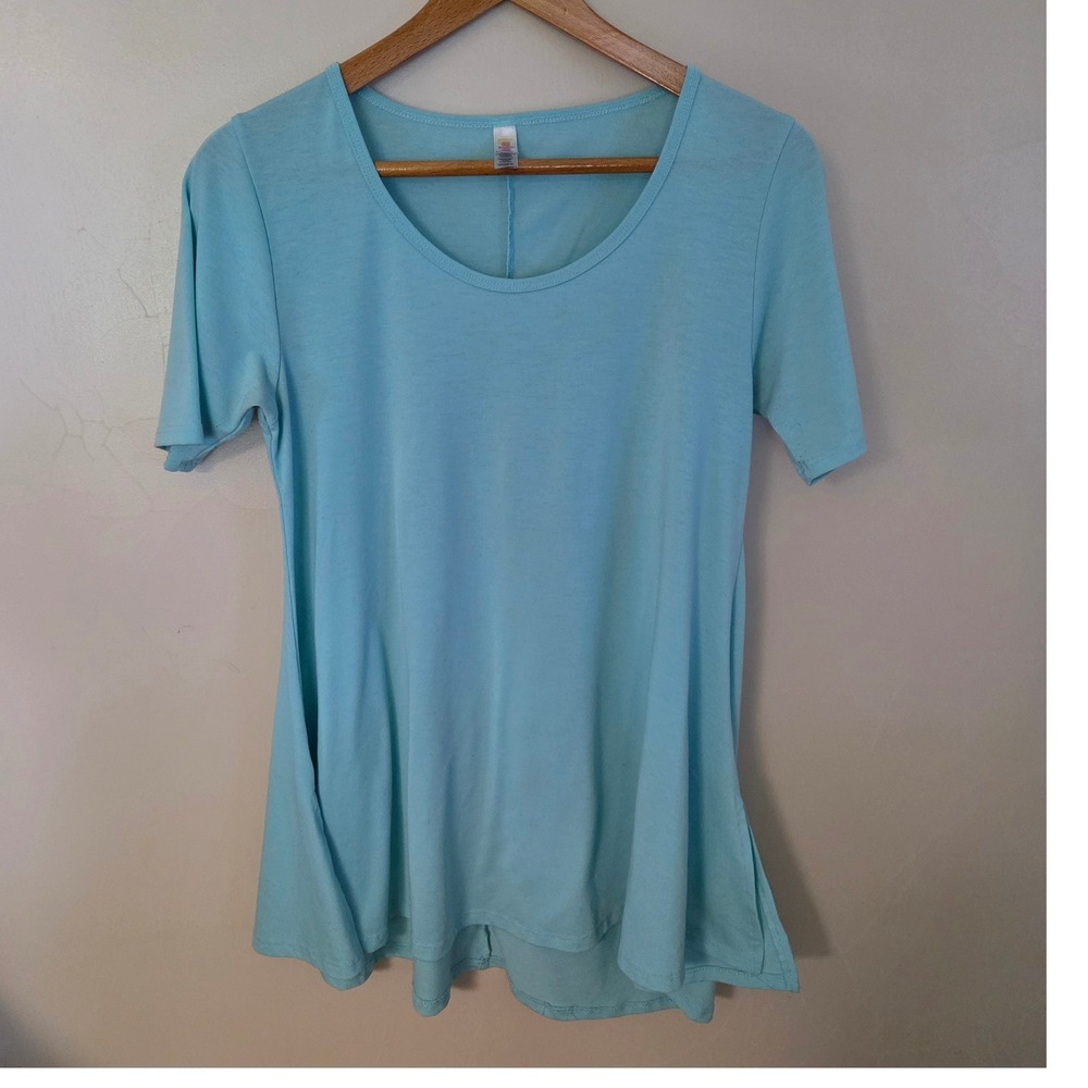 LuLaRoe Irma Tunic Top Womens XS Aqua Blue Short Sleeve High Low Scoop Neck